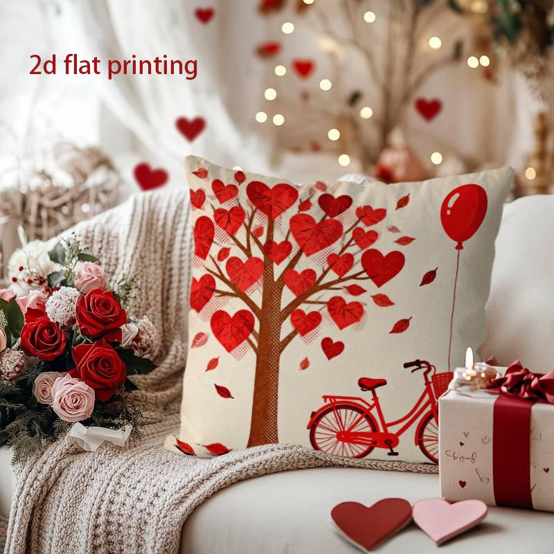 Heart Tree & Bike Pillow Cover for Valentine's Charm Pattern Cushion Cover Suitable for Sofa Bedroom Car Pillow Cover