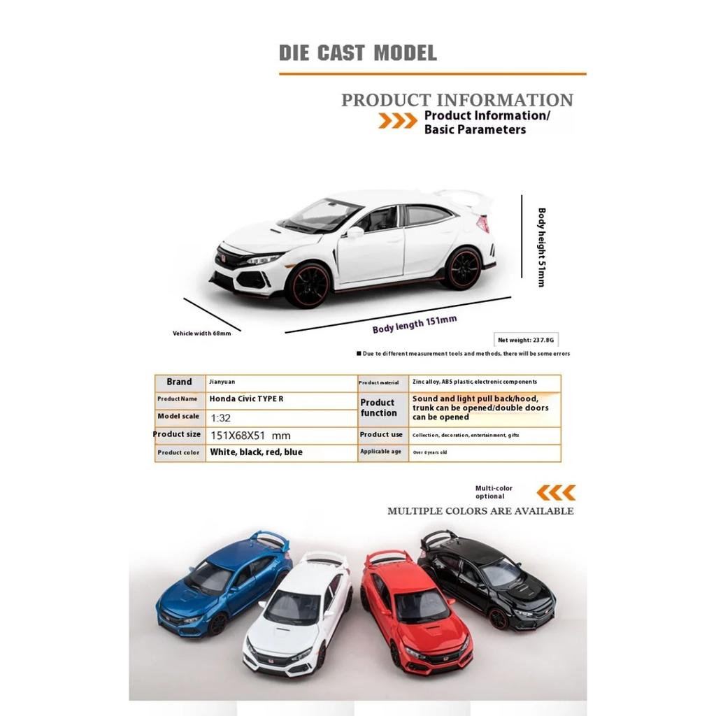 1/ 32 Scale Honda TYPE-R Alloy Car Model Diecasts Toy with Sound and Light Vehicles Decoration Toys for Kids Gift