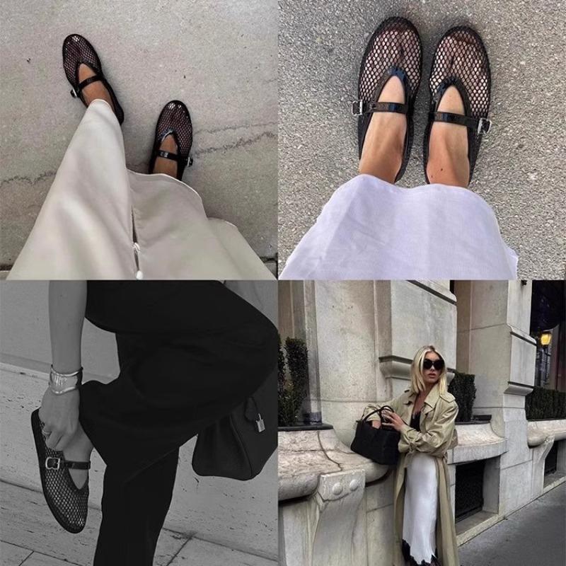 Hollow ballet shoes women's flat bottom one-word buckle metal mesh Mary Jane shoes women's niche design single shoes