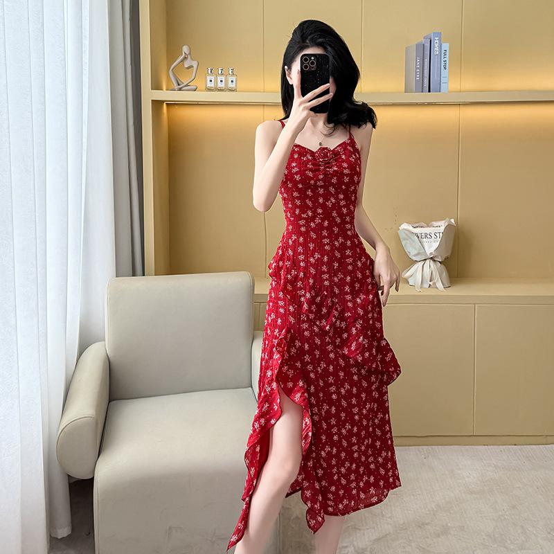 

Доступный: Новое летнее красное платье на бретельках-спагетти с цветочным принтом и нерегулярным разрезом, во французском стиле. Large