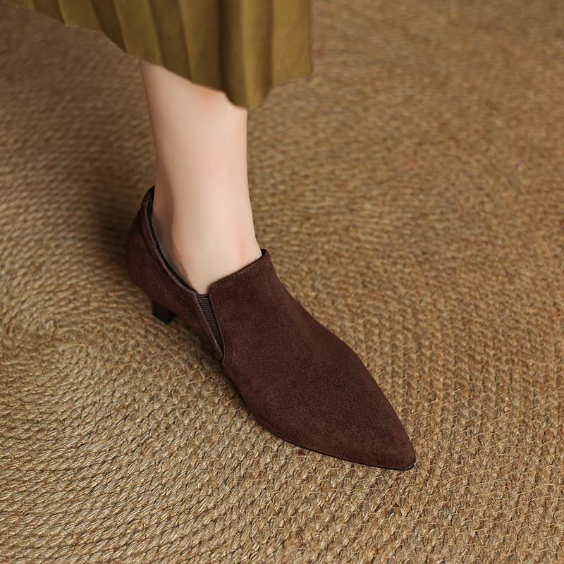 Krazing Pot Sheep Suede Autumn Winter Shoes Stiletto Med Heels Size 43 Size 42 Pointed Toe Concise Style Deep Mouth Pumps