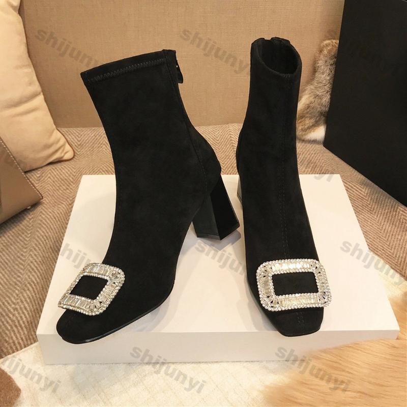 Women's Square Buckle Rhinestone Elastic Socks Boots Women Autumn Winter Suede Square Toe Thick Heel Ankle Boots Zapatos Mujer