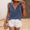Summer Women Casual V Neck Zip Sleeveless Solid Color T Shirt Tank Top