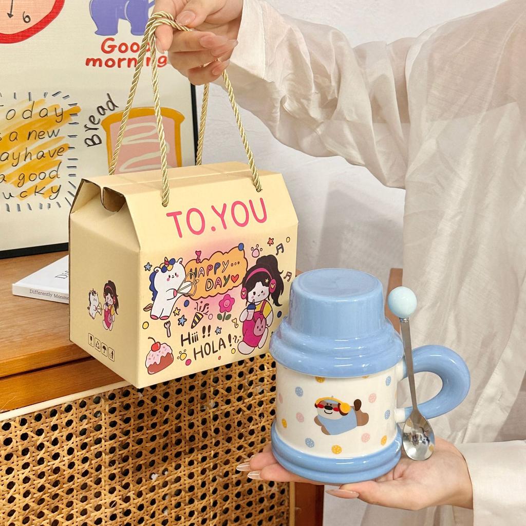 Niedliche Polka-Puppen Welpen Kessel Tasse Keramiktasse mit Deckel Löffel Paar Zuhause Kaffee Frühstückstasse Souvenir Geschenk