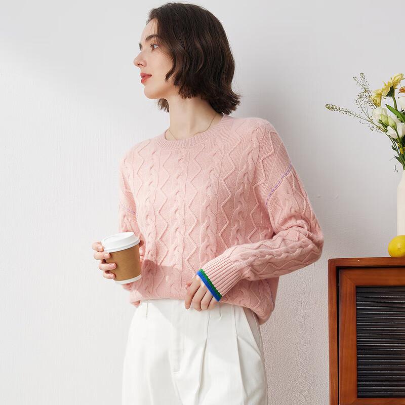 Komon Boca Women's Crew Neck Cable Knit Cashmere Sweater