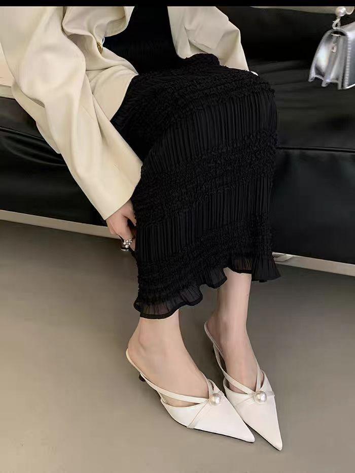 

French satin pearl pointed head thin heel bag head half slippers women s 2025 summer new versatile temperament wear sandals 35