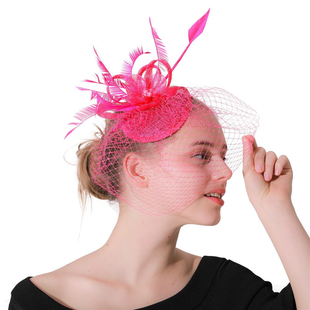 Popular Hemp Yarn Banquet Mesh Top Hat Bridal Feather Hairpin European And American Rose Red Top Hat