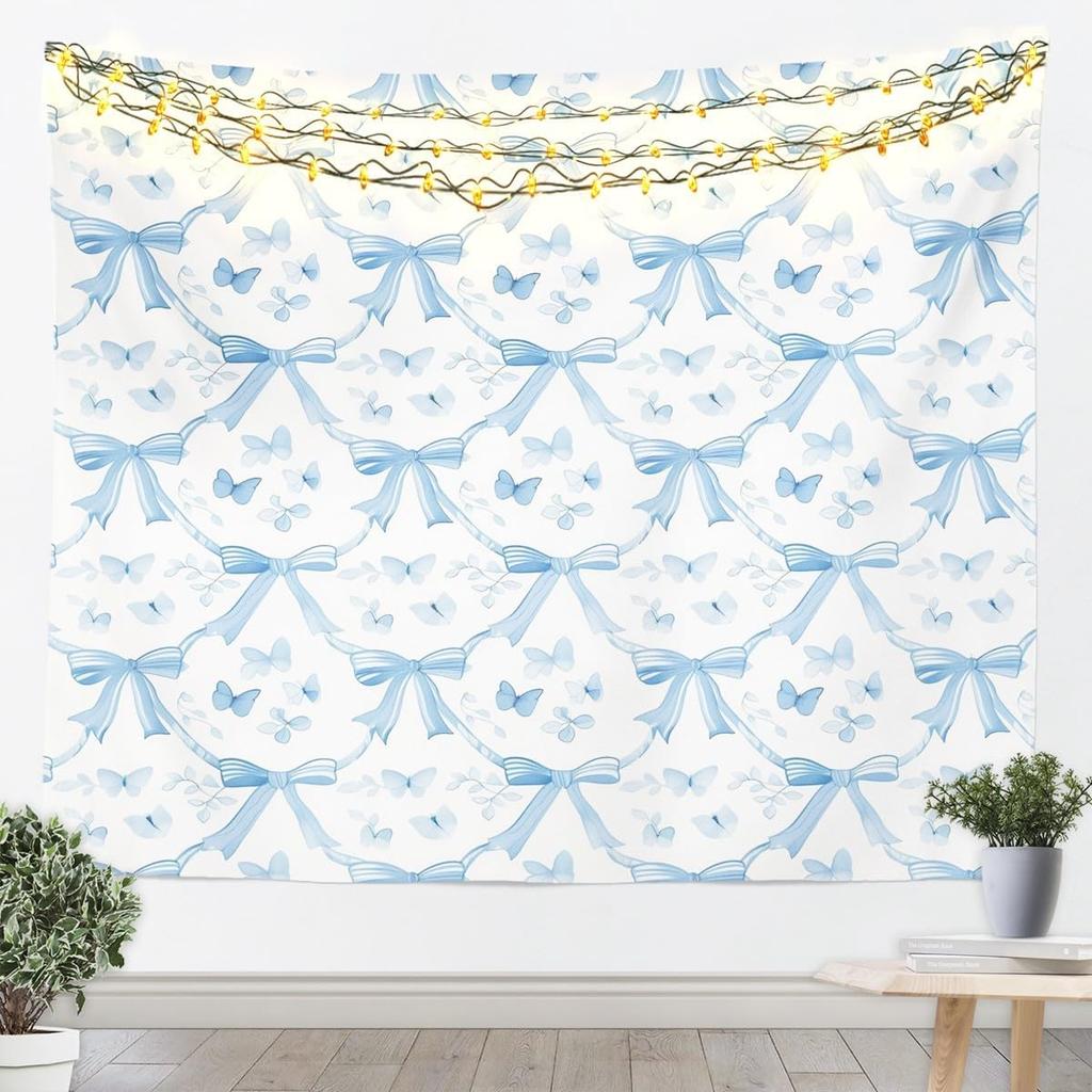 Chinoiserie Bow Tapestry Blue And White Floral Wall Art Pink Bow Wall Hanging Blanket For Living Room Bedroom Modern Aesthetics