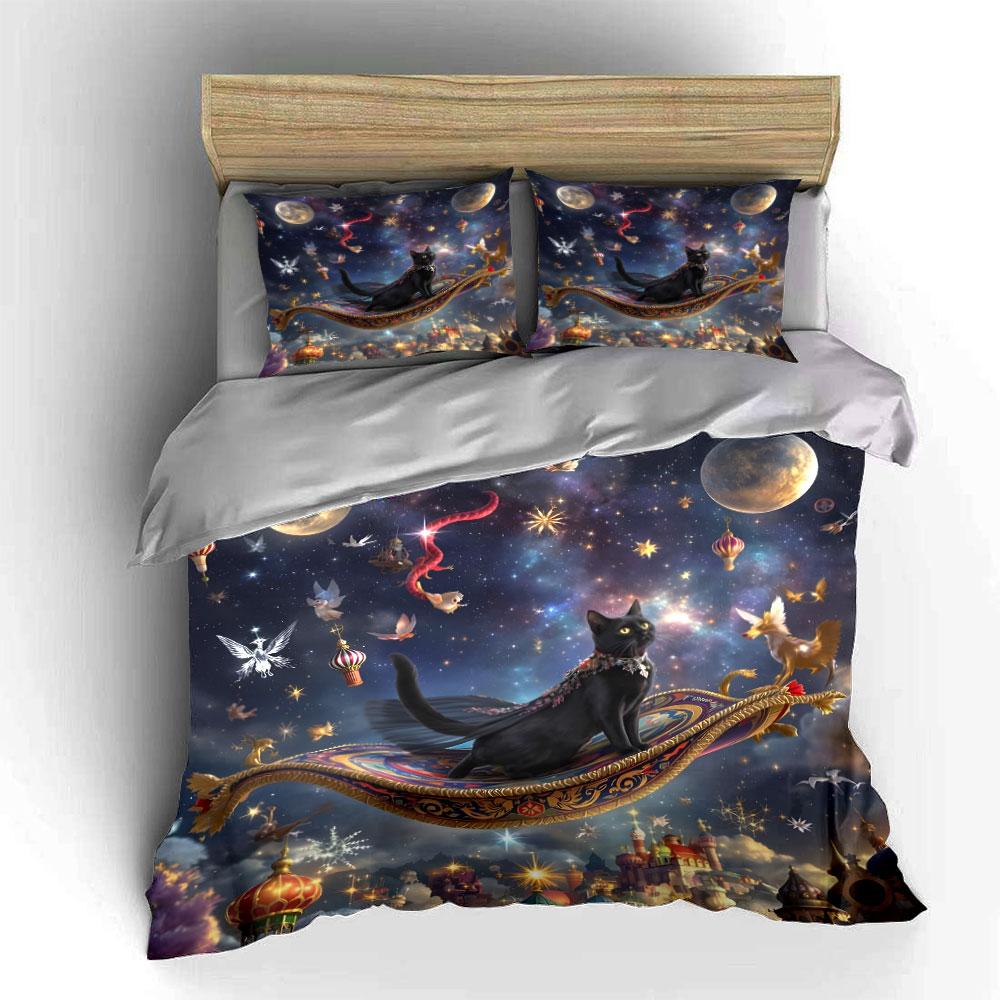 Magical Cat Adventuring Night Sky Exquisite Three-Piece Bedding Set Gift For Kids And Adults