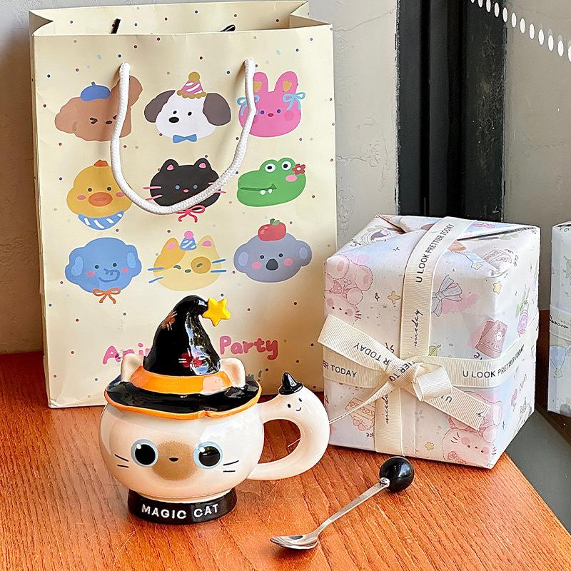 Creative Halloween gift magic hat cat ceramic mug with lid for girls practical mug souvenir gift box