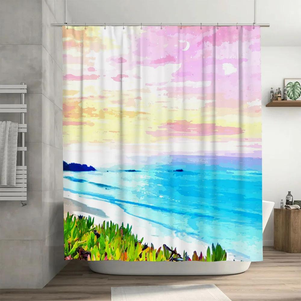 Vibrant Beach Scene Shower Curtain Pink Blue Watercolor Sky Bath Decor for Modern Bathroom