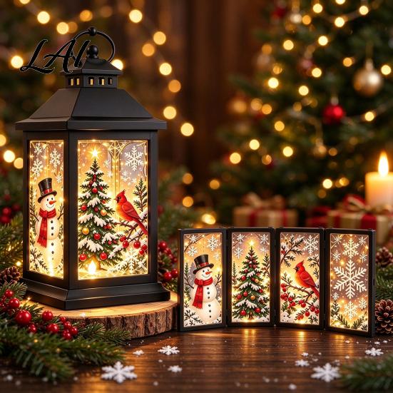 Winter Seasonal Lighting Interchangeable Crystal Lantern 4 Replaceable Holiday Scene Panels Night Light Cozy Fairy Light Lamp Theme Decorative