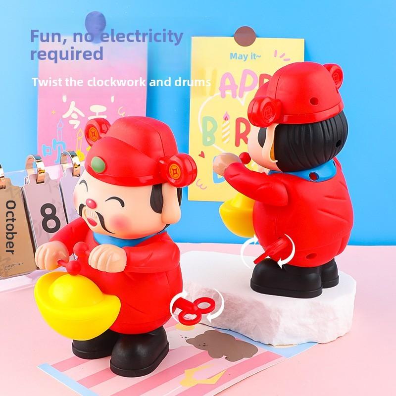 Plastic Mechanical Drum Playing God Of Wealth Interactive Toy For Babies And Toddlers