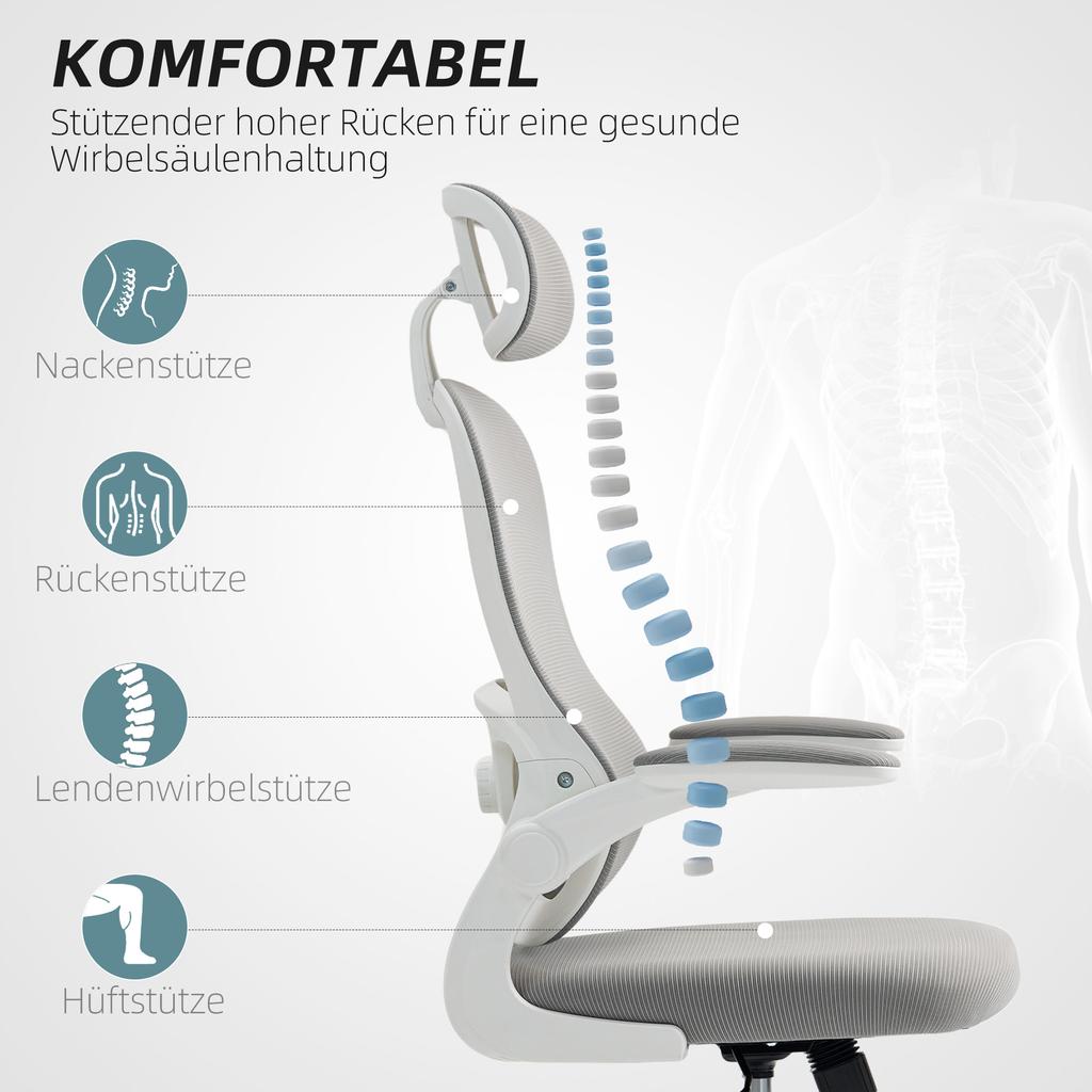 Ergonomic Office Chair, Mesh Backrest, Height Adjustable, Foldable Armrests, 5 Casters, Grey
