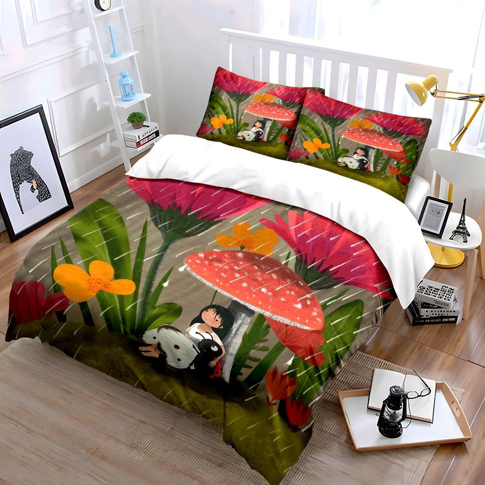 Fairytale Decor Mushroom Rain Scene Soft Comfortable Duvet Cover Bedding Set Included 1*Duvet Cover & 2*Pillowcases, Gift