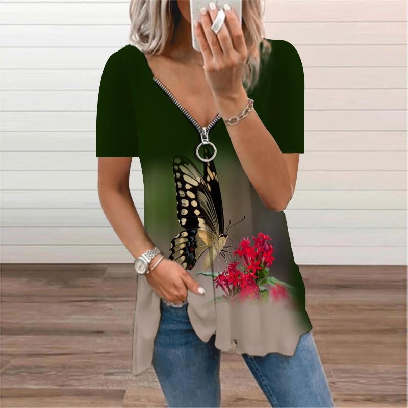 Ropa de verano Para mujer Flores Mariposa Flores Estampado 3D Cremallera  Camisetas Elegantes Manga Corta Cuello en V Top Suelto Oversize Tees Femme  comprar a buen precio — entrega gratuita, reseñas reales
