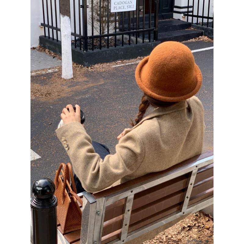 Solid Color Rolled Edge Wool Fisherman Hat Women's Autumn and Winter High End Hat Face Showing Top Hat Dome Casual Basin Hat