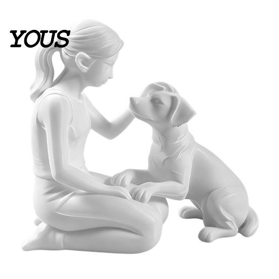 Abstract Pet And Owner Art 3D Printed Girl with Dog Figurine, Minimalist Squatting Sculpture for Home Modern Humanoid Figurine Decor, Healing