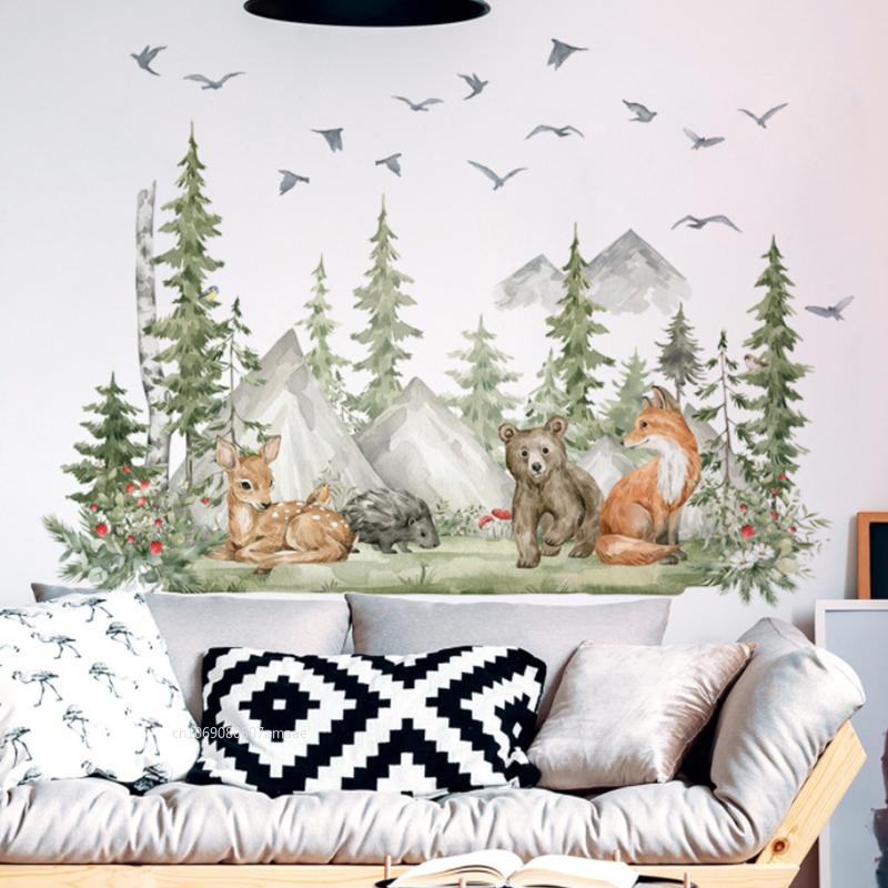 Stora Skogsdjur Hjort Björn Väggdekaler för Barnrum Barnkammare Väggdekaler Pojkrum Dekoration Tecknade Djur Träd Väggmålning