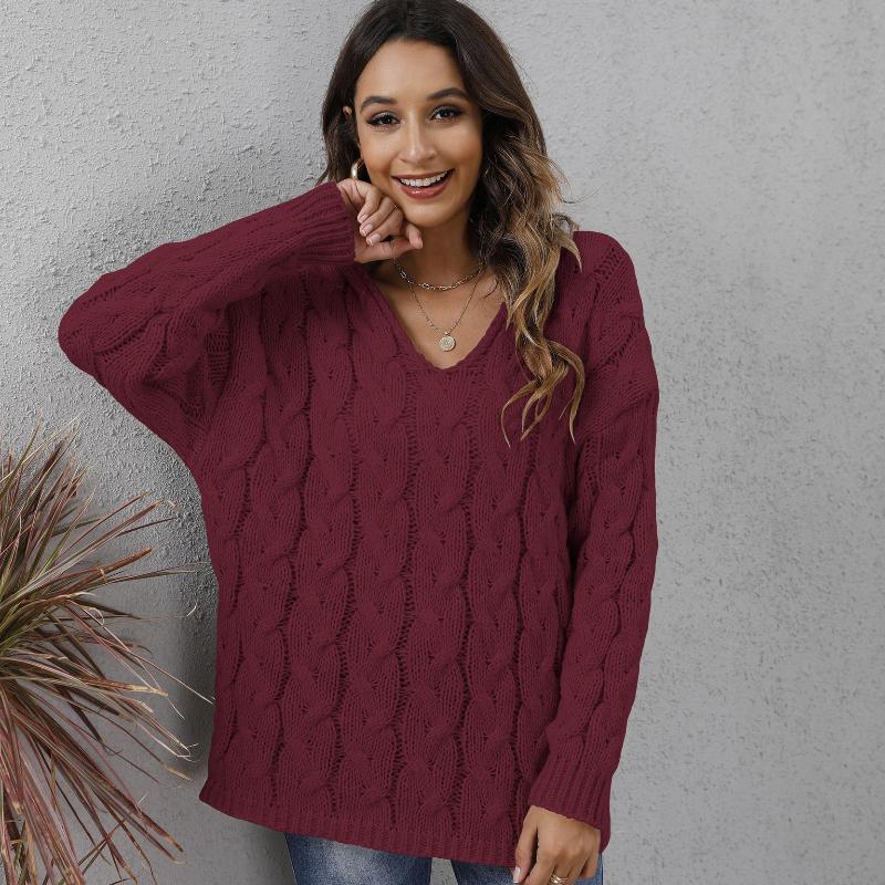 Women's Top, Thickened, Fried Dough Twists Knitting, V-neck Design, Hooded Loose Sweater, Pullover Sweater, Winter Jacket