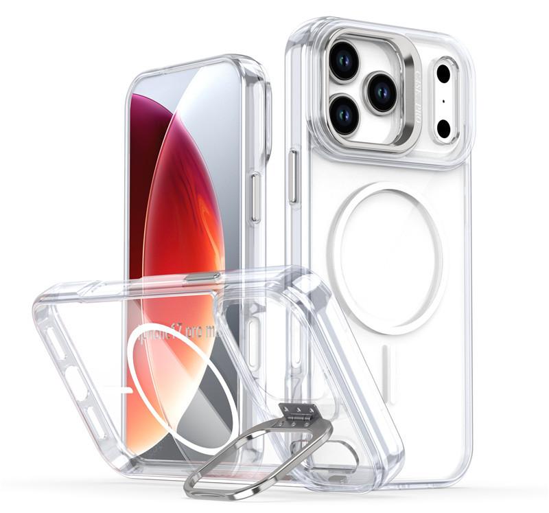 The new model is suitable for iPhone17Pro Max mobile phone case, Apple 16Pro bright color transparent magnetic bracket protective case.