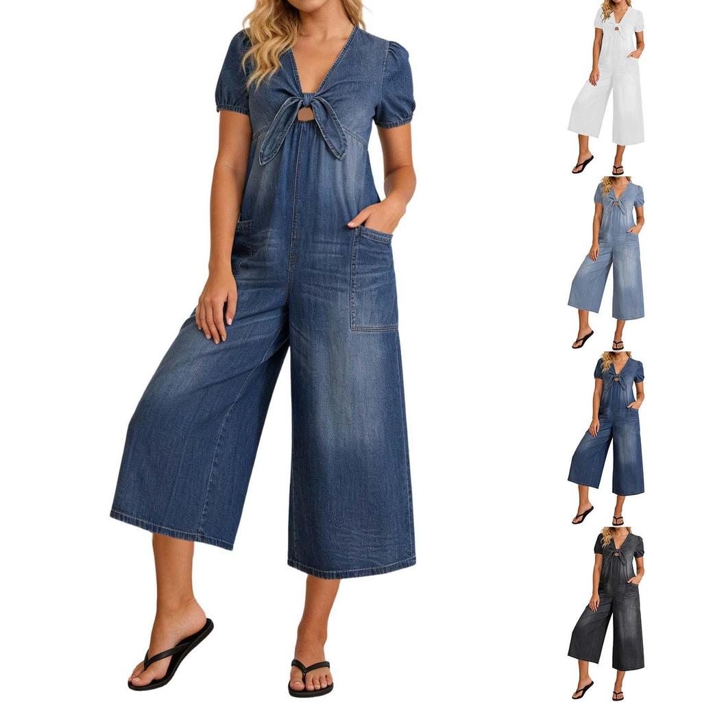 Tuta Corta in Denim Casual da Donna con Scollo a V e Vestibilità Larga