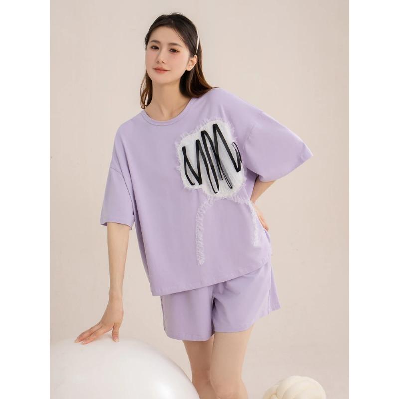 Sommerpyjamas für Damen, locker, bequem und lässig, kann draußen getragen werden, Rundhals-Hauskleidung