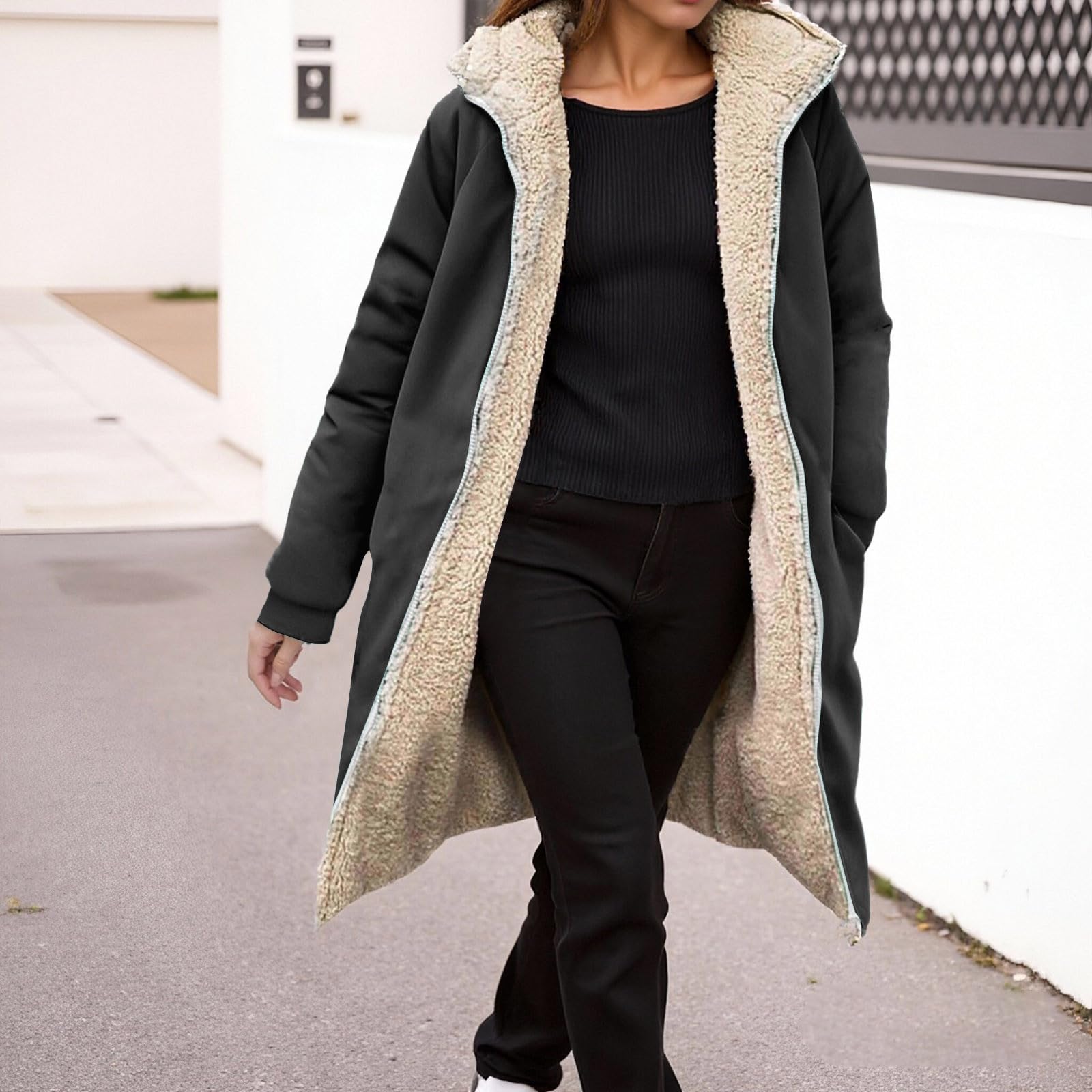 

Женские пуховики с флисовой подкладкой, зимнее пальто, куртка с капюшоном на двойной молнии, теплая толстая верхняя одежда L