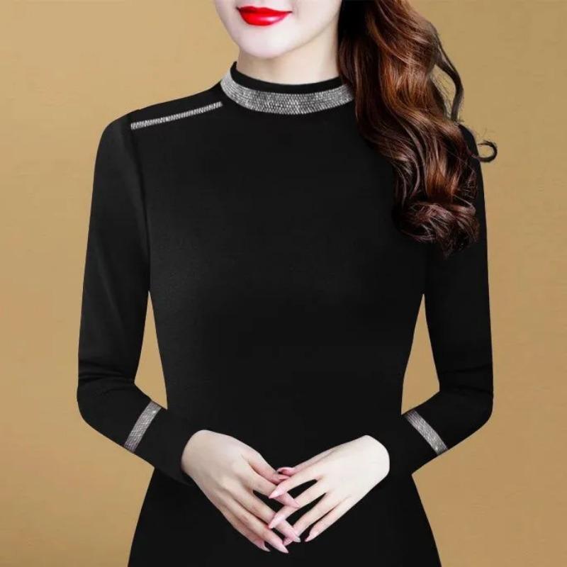 Autumn and Winter Half Turtleneck Long-sleeved T-shirt for Women with Perm and Temperament for Age-reducing Bottoming Shirt Top