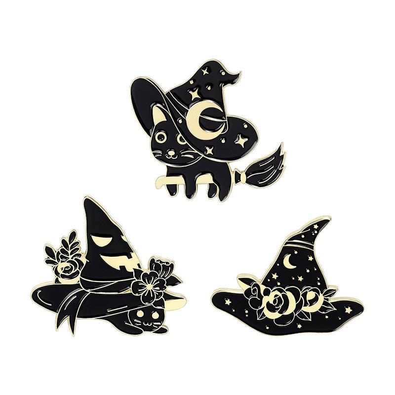 Black Cat Adorable Witch Hat Brooch Elegant Alloy Design For Spooky Looks Halloween