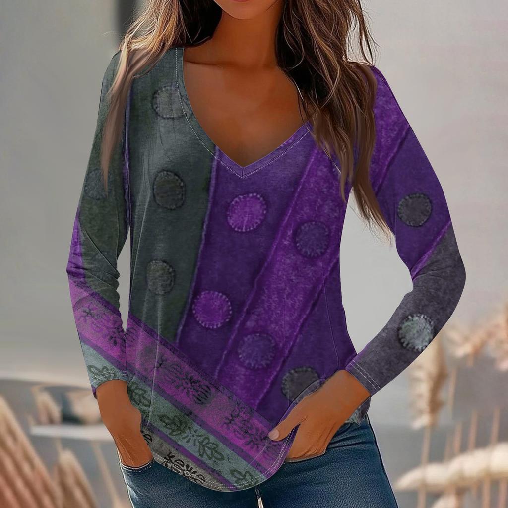 Womens Long Sleeve Tops V Neck Shirts Casual Flower Print Basic Trendy Tee Blouses Fall Tunic Outfits Fitted T Shirts