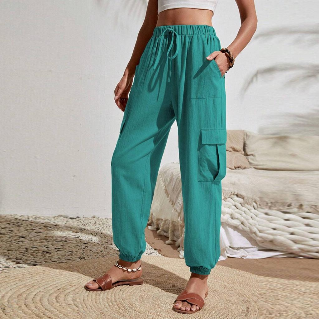 Women's Fashionable Solid Color Elastic Waist Pocket Versatile Casual Work Pants