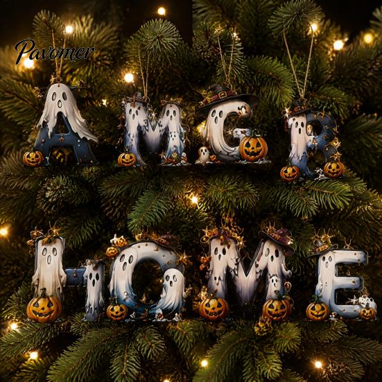 Candy Bag Packaging Embellishments Halloween Letter Ornament, Spooky Hanging Wooden Alphabet Letters Pendant with Ghost Small Craft Sets Pumpkin Witch