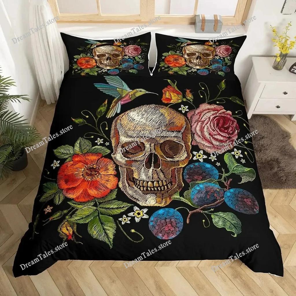 Gothic Sugar Skull Bone Bedding Set Skeleton Hand Comforter Cover Rose Leaves Romantic Flowers Home Textileextile Luxury Gift