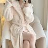 Women's Solid Color Jacquard Flannel Nightdress and Bathrobe - Thick Coral Fleece Lace-Up Pajamas for Autumn and Winter