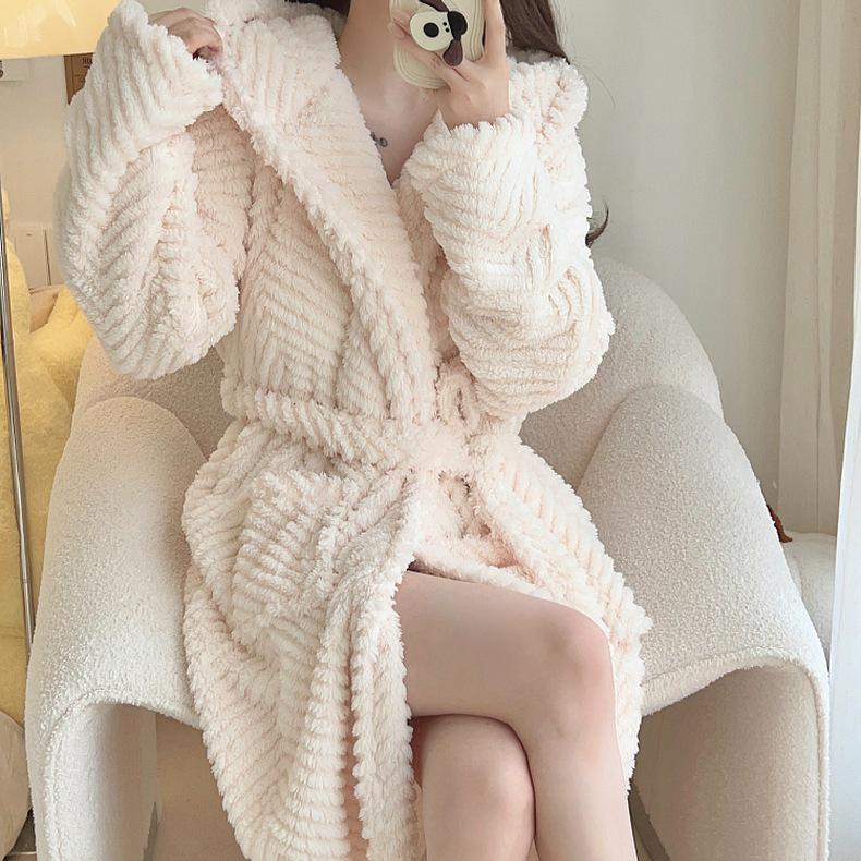 Women's Solid Color Jacquard Flannel Nightdress and Bathrobe - Thick Coral Fleece Lace-Up Pajamas for Autumn and Winter