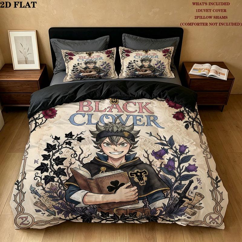 Black Clover Pattern Bedding Quilt Set Quilt Cover Pillowcase Home Birthday Gift(1 * duvet cover + 2 * pillowcase, without core)