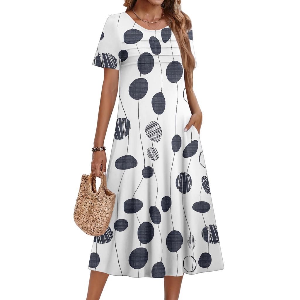 Damenkleid mit Blumenmuster, lässig und modisch, kurzärmelig, Rundhalsausschnitt