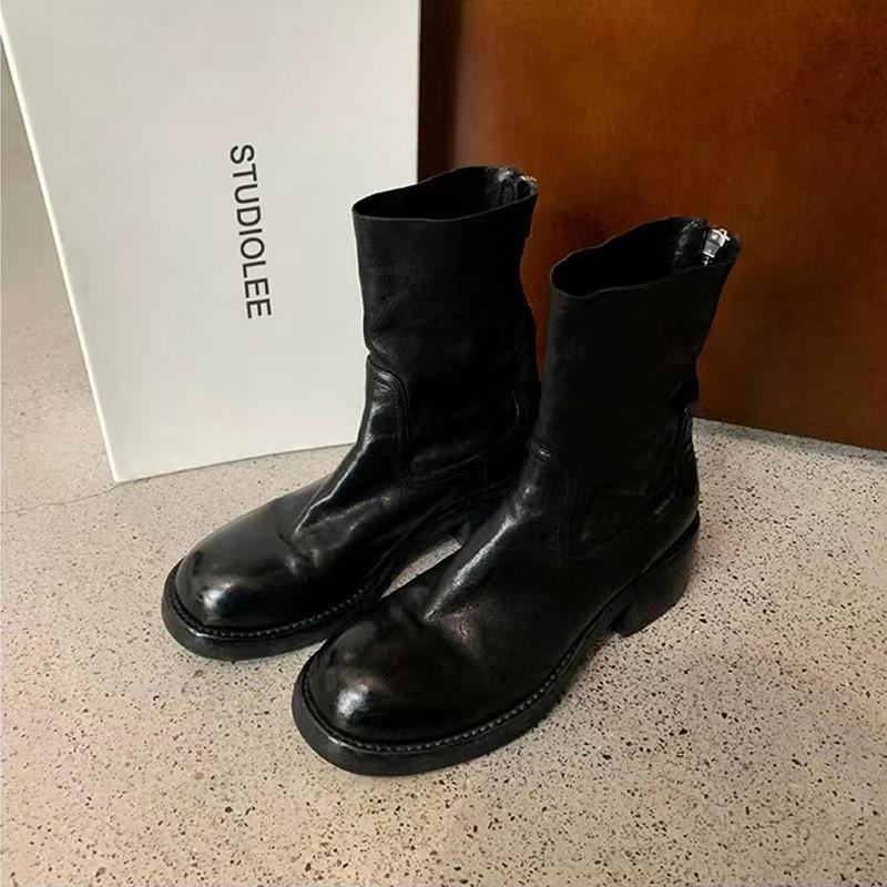 

Виноградная мама осень и зима новые ботинки Мартина ретро толстый каблук задняя молния 6см вымытая усаженная лошадиная кожа короткие ботинки женские 40