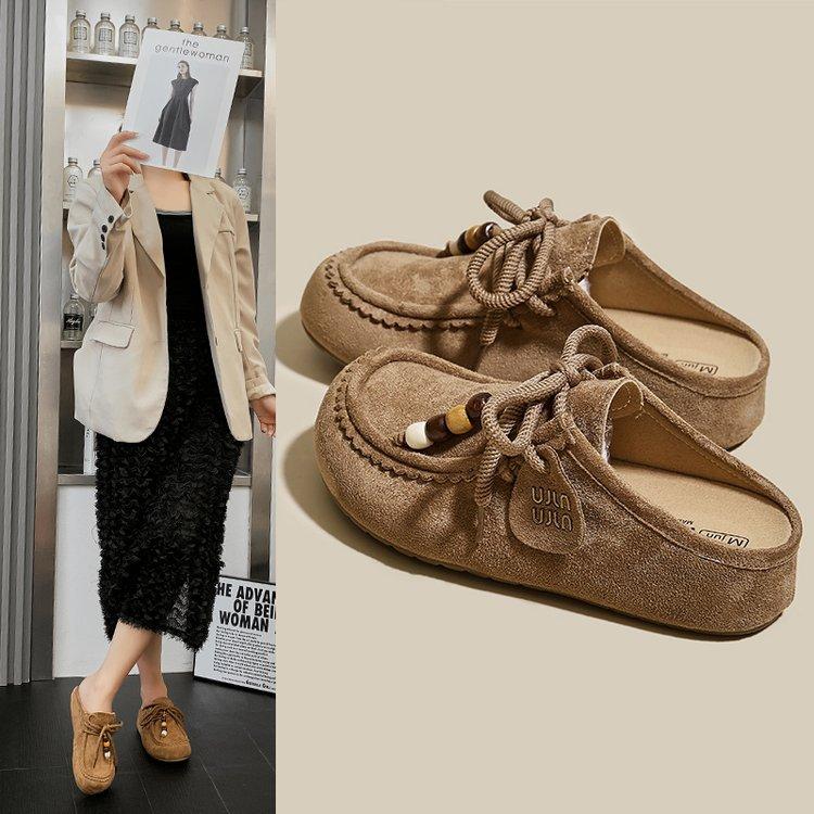 Retro Dicksohlige Perlenbesetzte Tasche Kopf Boken Halbschuhe Damen Ein-Pedal Dicksohlige Literarische Mori Vielseitige Mules