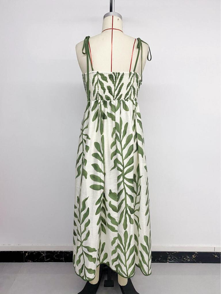 2026 Summer Green Leaf Print Spaghetti Strap Dress: Fresh Seaside Vacation Style