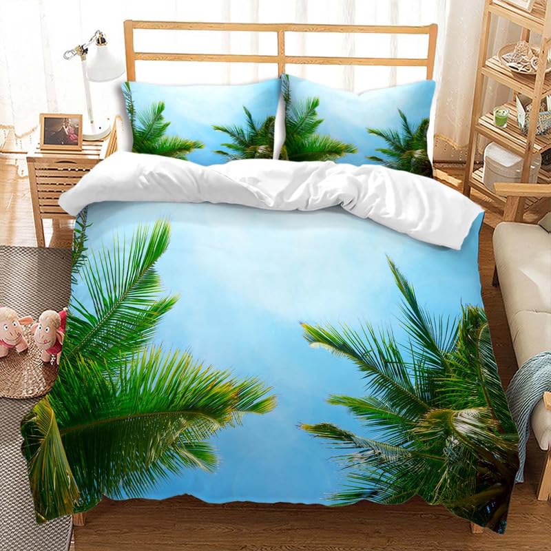 Comforter Coconut Trees Vintage Red Flower Hawaiian Tropical Leaves Comforter Palm Tree Bedding Set With