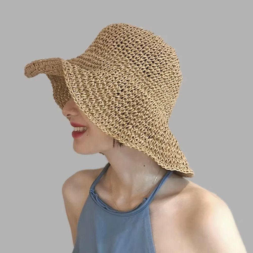 Korean Style Beach Sun Hat Anti-UV Summer Bucket Hat Simple Crochet Straw Hat Fishing