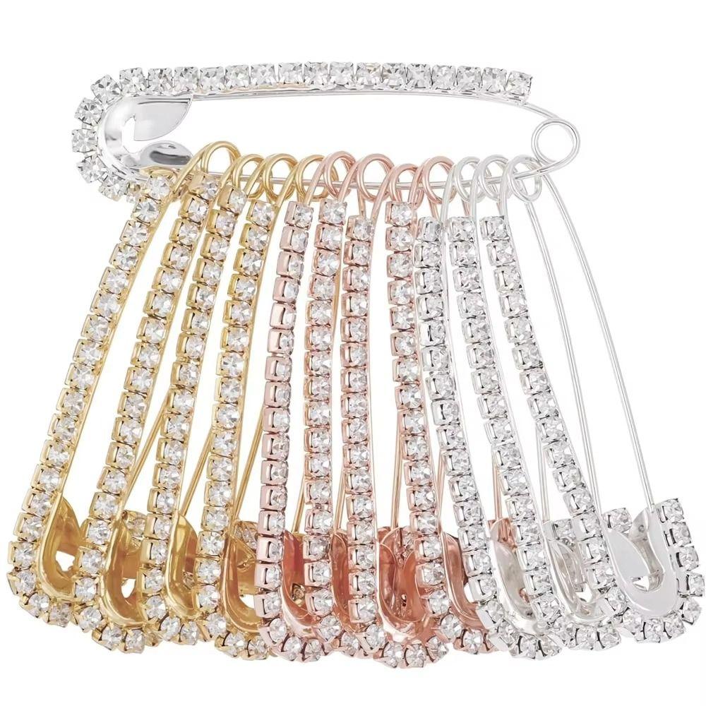 12PCS Shiny Pins Rhinestone Safety Pins Gold Rhinestone Large Brooches Pins Fancy Safety Pins  Women