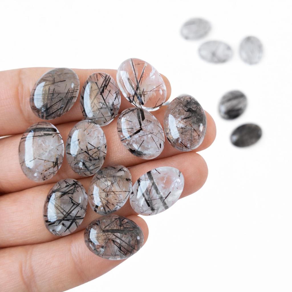 Black Rutile Quartz Oval Cabochon – 18x13 Mm Flat Back Gemstone for Jewelry Making