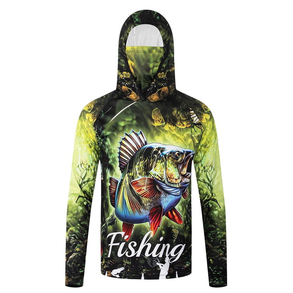 Men 3D Bass Fishing Hoodie Long Sleeve Quick Dry UV Protection Outdoor Performance Shirt for Fishing Hiking Camping Boating