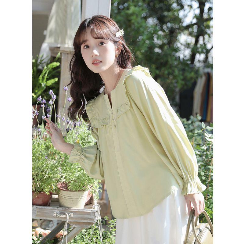 Small Fresh Long-sleeved Shirt for Women New Design with Ruffled Top Sweet and Loose