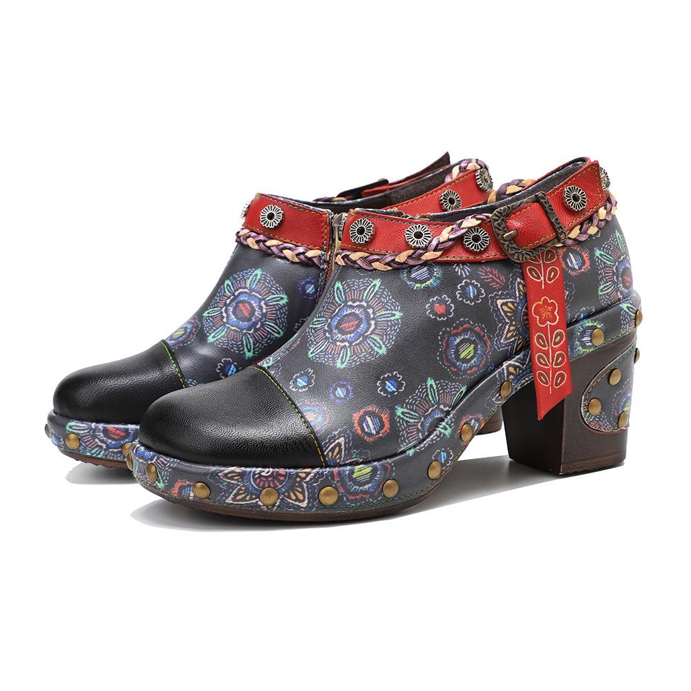 Patchwork din piele naturală Tocuri înalte cu pantofi retro cu relief pictat manual Pantofi versatili pentru femei