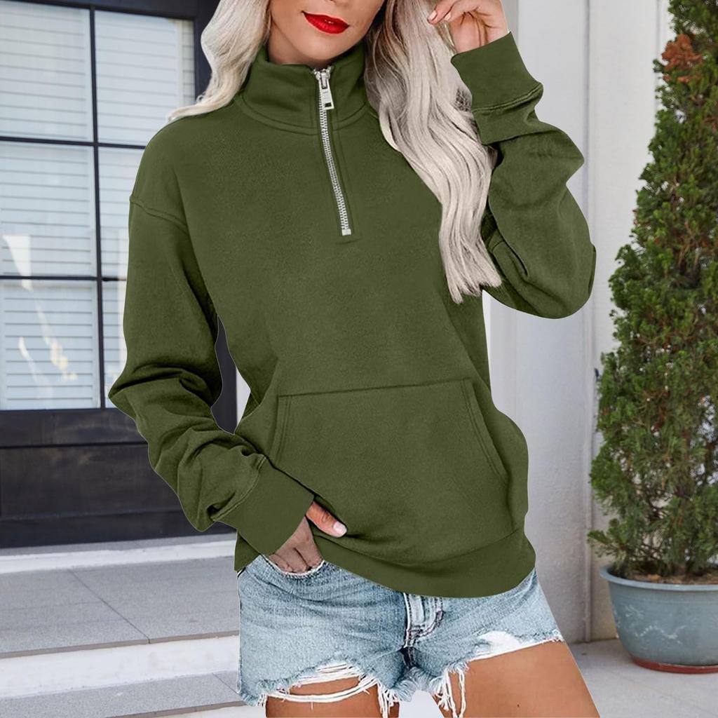 Women's Loose Fit Zip Up Sweatshirt Color Round Neck Long Sleeve Top