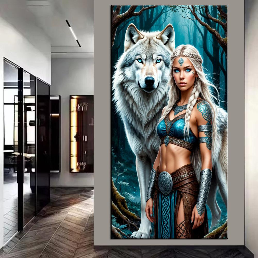 Large Size Mosaic DIY Full Diamond Painting Kits Art Warrior and Wolf Embroidery Cross Stitch Rhinestones